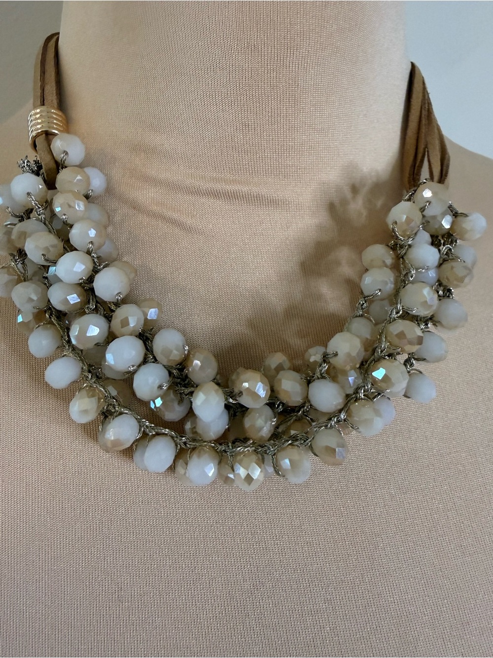 Ornate beveled off white beaded leather rope chunky statement necklace